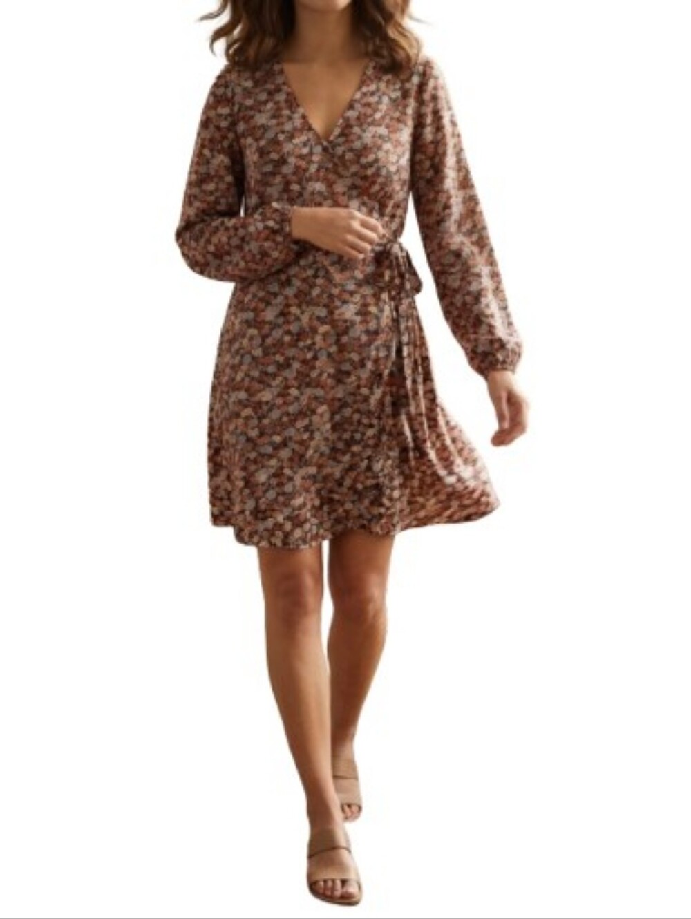 LOFT Ditsy Floral Print Wrap Dress 511343 Multicolor V-Neck Long Sleeves